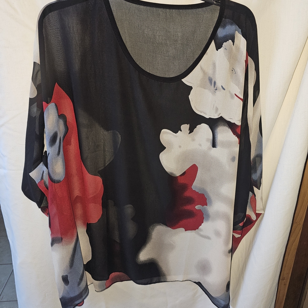 Source Unknown Sheer Floral Blouse - Black, Red, White